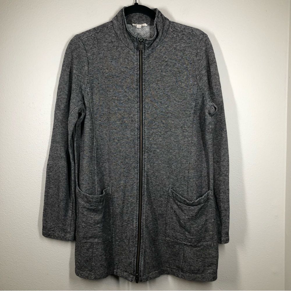 Eileen Fisher Organic Cotton And Hemp Full Zip Long Line Jacket Micro Stripe S